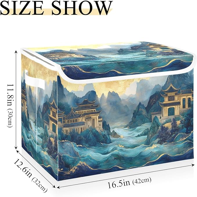 AIXIWAWA Lidded Storage Cube (Chinese Landscape) Fabric Foldable Closet Bins with Flip Lid and Handles Organizer Basket Container 16.5 x 12.6 x 11.8 IN