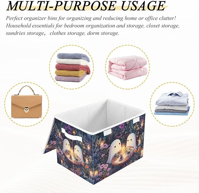 Collapsible Storage Bins with Lids Decorative Fabric Storage Cubes Closet Organizer and Storage Basket Boxes Containers for Clothes Box Chest Folding Rectangle Cute Ghost Flower Plant