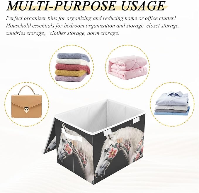 AIXIWAWA Lidded Storage Cube (Horse with Painting) Fabric Foldable Closet Bins with Flip Lid and Handles Organizer Basket Container 16.5 x 12.6 x 11.8 IN