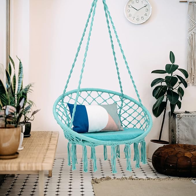 Giantex Hammock Chair Macrame Swing - Hanging with Cushion and Hardware Kit 330 LBS Weight Capacity Indoor for Stand Patio Balcony Living Room (Turquoise) (GT10698-NPTU)
