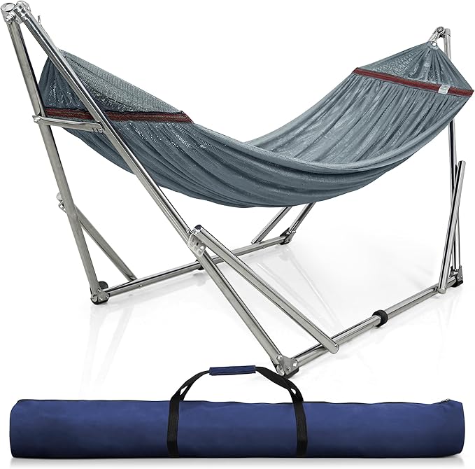 Tranquillo Adjustable Hammock Stand Collapsible Camping Hammock with Stand 650 lbs Capacity Double Hammock Stand Foldable Stainless Steel Breathable Polyester Hammock Net Carry Bag Included Grey