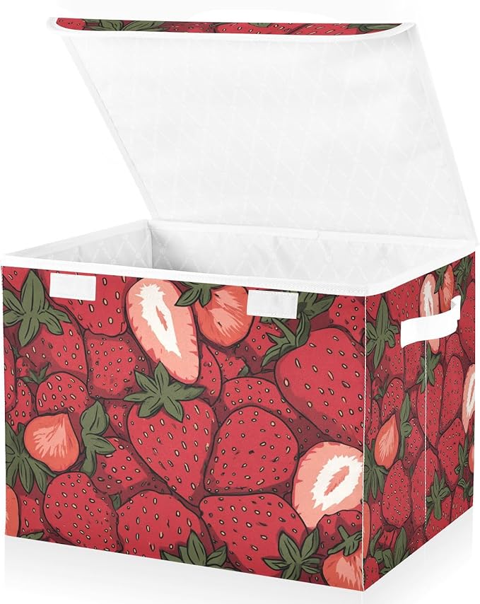 Storage Bins with Lids Storage Containers Box Organizer Bin Basket with Handles for Closet Shelves Clothes Stackable Foldable Decorative Cartoon Red Strawberry