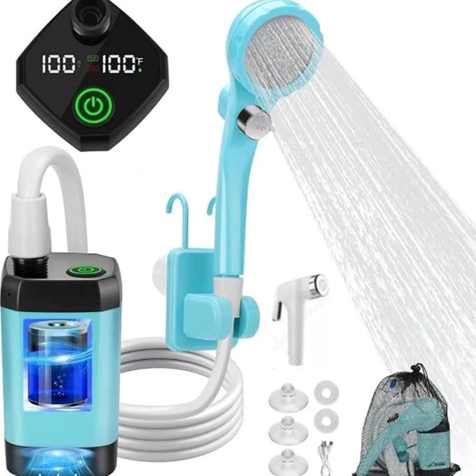 Portable Camping Shower 6000mAh Rechargeable Camping Shower with Intelligent Digital Display Outdoor Camp Pump 4 Spray Modes Camping Shower Pump for Hiking Travel Car Pet Blue