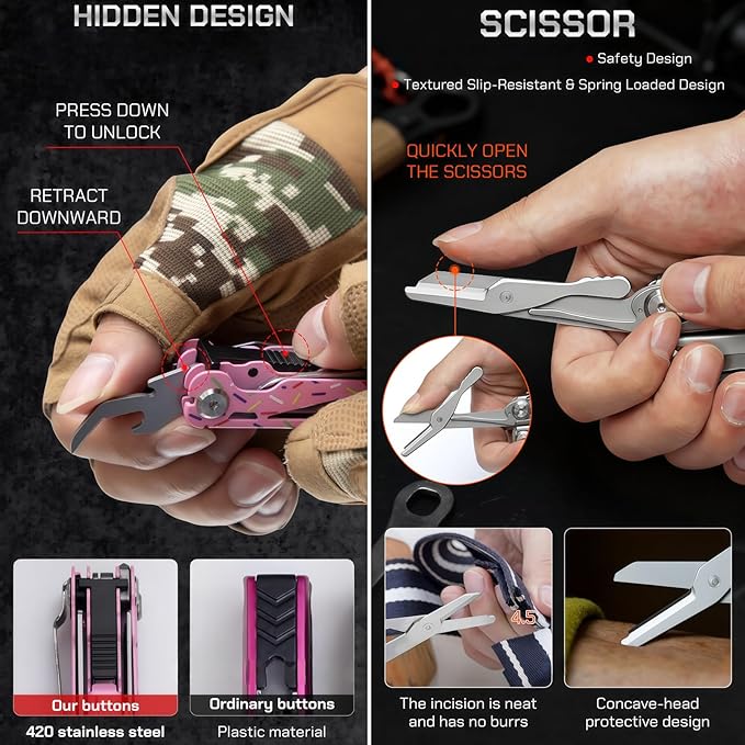 Multitool 15-in-1 Full-Size Lightweight EDC Multi-Purpose Pliers Nylon Bag Camping Knives &amp Tools Tactical Outdoor Gear Mens Gifts Ideas Gifts for Hunters Men who have Everything (Pink)