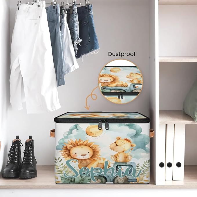 Custom Storage Basket with Name Personalized Storage Bins with Zipper Lid Foldable Fabric Storage Box Large capacity with Handle Lion Car