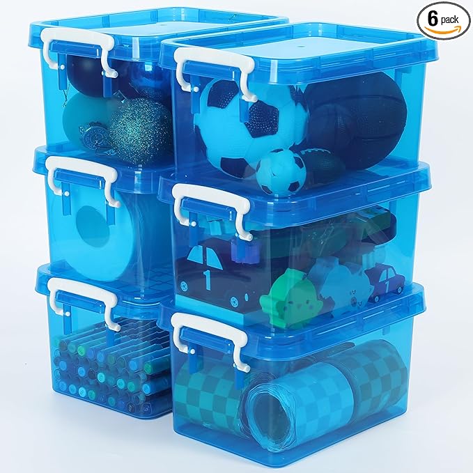 6 Pack 4 Quart Colorful Plastic Storage Bins with Lids Stackable Storage Bins with Latching Lids Handle Clear Colored Storage Organizer Bins for Home Office Pantry Containers(Blue)