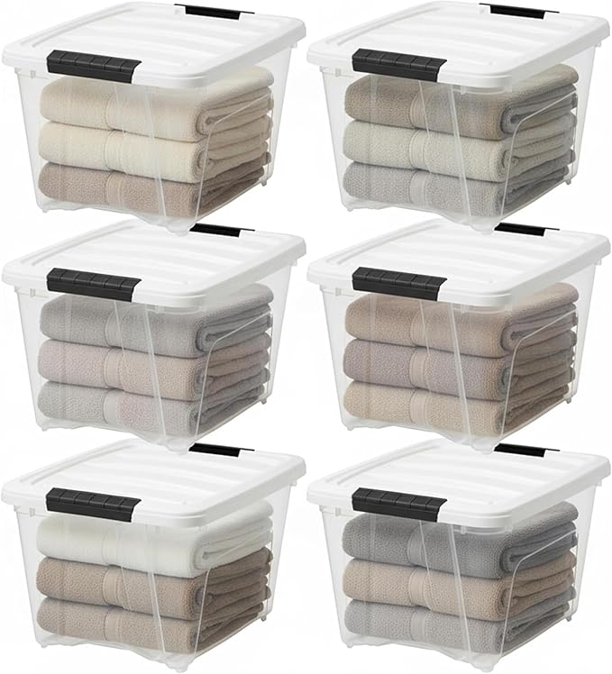 IRIS USA 19 Qt Stackable Plastic Storage Bins with Lids 12 Pack - BPA-Free Made in USA - See-Through Organizing Solution Latches Durable Nestable Containers Secure Pull Handle - Clear/White