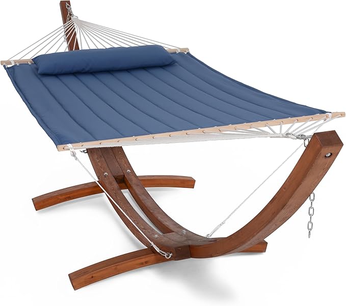 SUNCREAT Hammocks Double Hammock with 13.5 ft Wooden Stand Included Outdoor Hammocks for Outside 475 lbs Capacity Navy