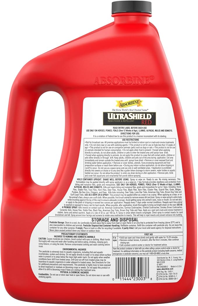 Absorbine UltraShield Red Fly Spray Insecticide and Repellent for Horses &amp Livestock Stays Active Up to 7 Days 128oz Gallon Refill