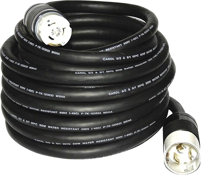 6400M 100' 6/4 or 6/3-8/1 Gauge SOOW 50A Black Rubber Temporary Power Cord 19190008 Generator Extension Cord w/ 50-Amp Plug Ends