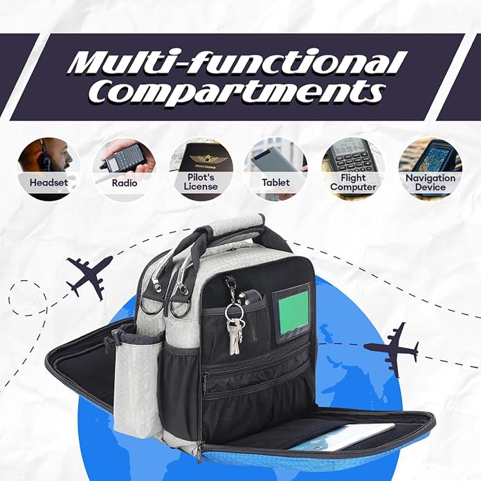 Pilot Flight Bag – Compact Aviation Headset &amp iPad/Tablet Bag with Multi-Pocket Storage Shoulder Strap Honeycomb Nylon (Gray/Blue)