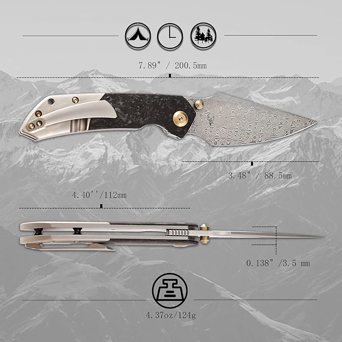 KANSEPT Fenrir Pocket Knife 3.48 Damascus Harpoon Blade Plain Titanium Handle Shred Carbon Fiber Inlay Thumb Stud &amp Liner Lock with Deep Clip EDC Knives for Camping Hunting Survival K1034B1
