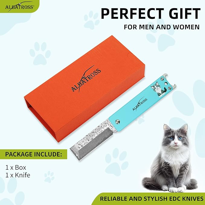 ALBATROSS Blue Damascus Cute Cat Pattern Pocket Knife - Stocking Stuffer for Men 3.5 Titanium Alloy Box Cutter - EDC Keychain Gadgets with Bottle Opener Mothers Day Fathers Day Gift for Cat Lovers