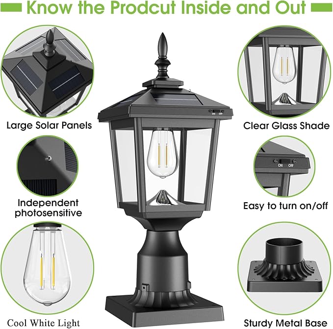 Greluna Solar Post Light Outdoor 60 Lumens Dusk to Dawn Lamp Post Light Solar Powered &amp Waterproof Fits 6x6 Wooden Posts 3 Inch Poles for Garden Pathway Driveway Fence &amp Yard（Cool Whit