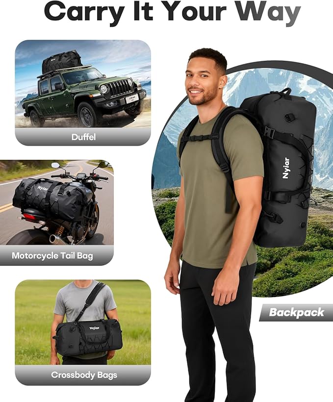 60L Waterproof Duffel Bag Motorcycle Dry Bag Backpack Heavy-Duty Roll-Top Waterproof Bag with Sealed Seams &amp Waterproof Zipper for Riding Kayaking Camping &amp Travel (Black)