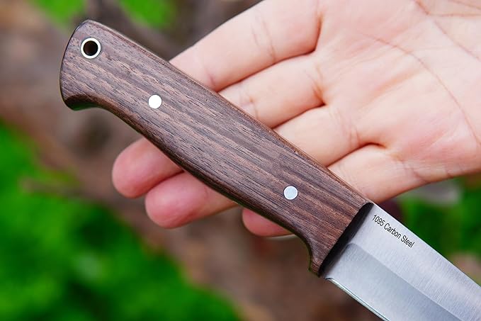 Ottoza Full Tang Bushcraft Knife with 1095 Carbon Steel Fixed Blade - Survival and Outdoor Camping Knife - Black Cross Draw Sheath and Walnut Wood Handle 397