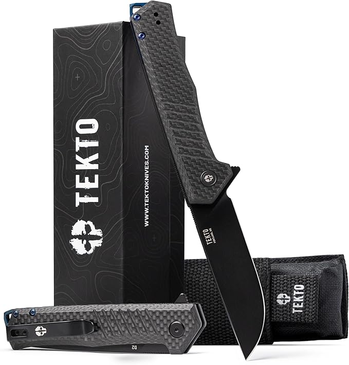 TEKTO F1 Alpha Folding Pocket Knife - Modified Straight Back BladeTitanium Coated D2 Steel Ideal for Outdoor Camping and Backpacking Tactical Carbon Fiber Handle Blue Titanium Accents