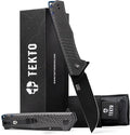 TEKTO F1 Alpha Folding Pocket Knife - Modified Straight Back BladeTitanium Coated D2 Steel Ideal for Outdoor Camping and Backpacking Tactical Carbon Fiber Handle Blue Titanium Accents