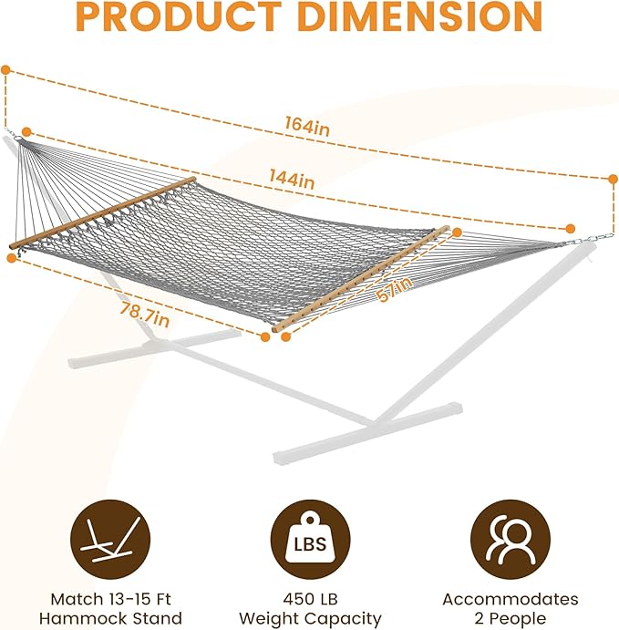 Lazy Daze Hammocks 12FT Double Rope Hammocks 2 Person Hand Woven Cotton Hammock with Spreader Bar Carabiner Tree Strap Chain for Outside FIT 13-15 FT Stand Max 450 Lbs Light Grey