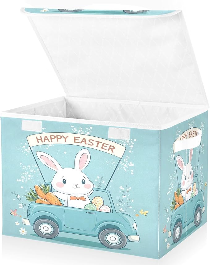Christmas Storage Baskets with Lids Cartoon Easter Bunny Collapsible Bins Stackable Fabric Linen Baskets Closet Organizer Container 16.5x12.6x11.8