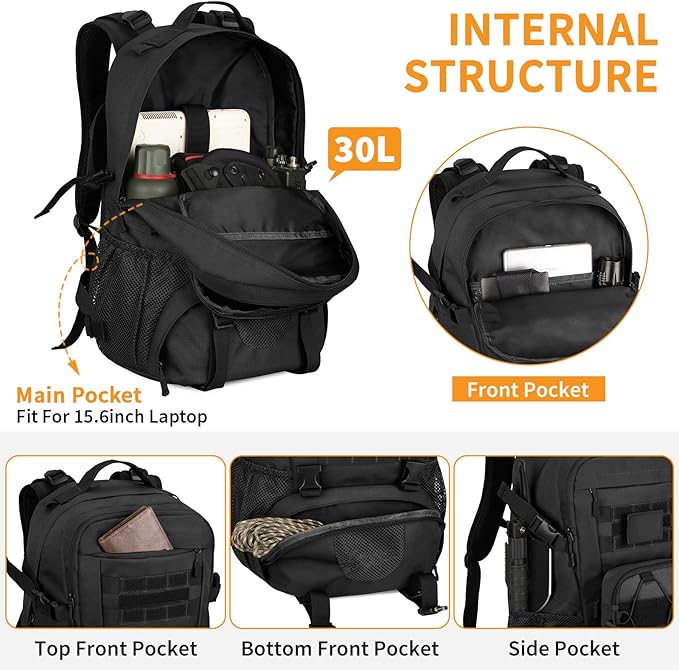 HUNTVP 30L Tactical Backpack Military Backpack MOLLE Rucksack Gear Assault Pack Daypack for Hunting Camping Hiking Backpack(Black)