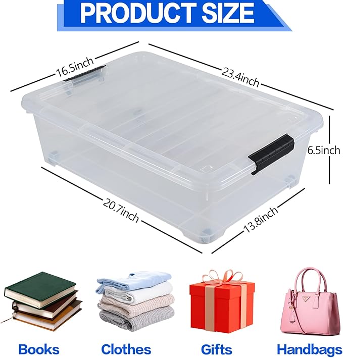 Hespama 25 Quart Clear Plastic Underbed Storage Bin with Wheels 3 Pack