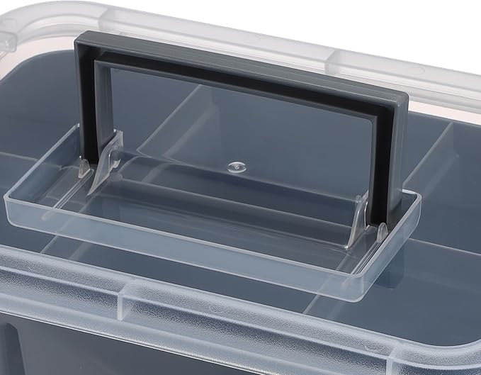 JUXYES 2 Pack 3-Tiers Stack Carry Storage Box With Divided Tray Transparent Stackable Storage Bin With Handle Lid Latching Storage Container for School &amp Office Supplies Dark Gray