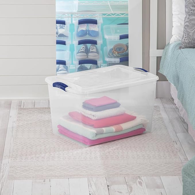 2 Pack 66 Quart - Large Clear Plastic Storage Bins with Blue Latch Stackable Container Boxes for Home and Office Organization