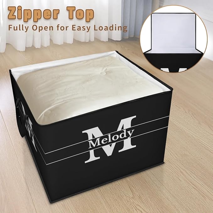 Custom Name Storage Bin with Lid Personalized Extra Large Black Storage Basket with Handles Zippers for Organizing Comforters Blankets Bedding Closet Shelf Baskets Initial Letter