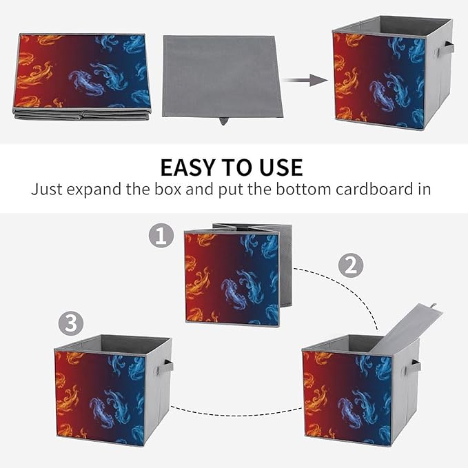 Fabric Storage Bins with Handles Yellow Blue Ice Fire Foldable Collapsible Cube Organizer for Shelves Multi-Purpose Box for Bedroom Living Room Closet