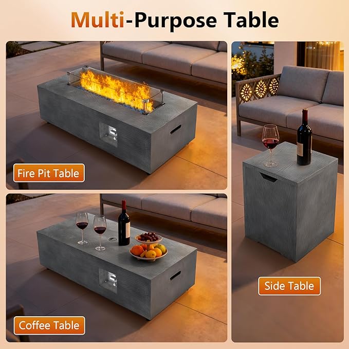 2-Piece 42 Rectangular Propane Fire Pit for Outside Patio with Hidden Tank Table 50000 BTU Fireplaces with Glass Wind Guard Lid Glass Rocks Cover(Grey Wood Grain)