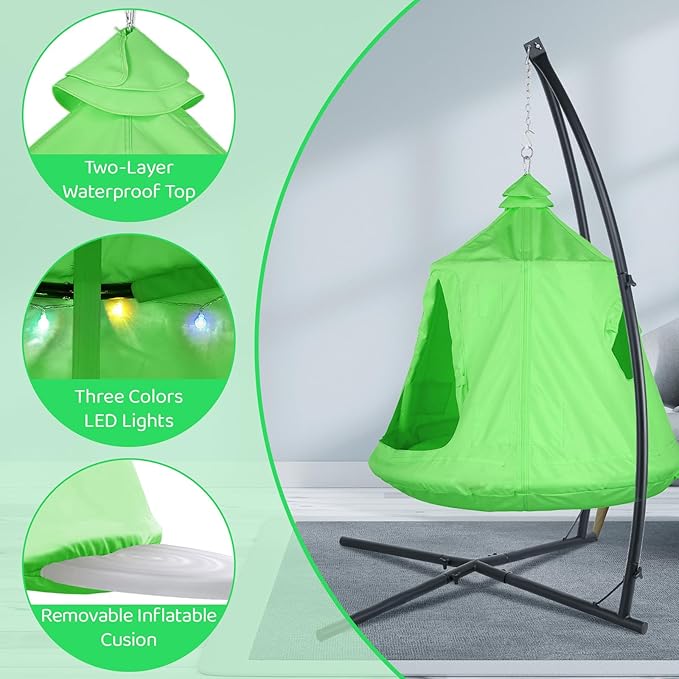 Arlopu Hanging Hammock X-Stand w/Tree Tent Indoor Metal Swing Chair Stand w/Play Tent Outdoor Egg Basket Patio Seat w/Support Stand Porch Bedroom Balcony Chair w/Adjustable Solid Stand (Green)