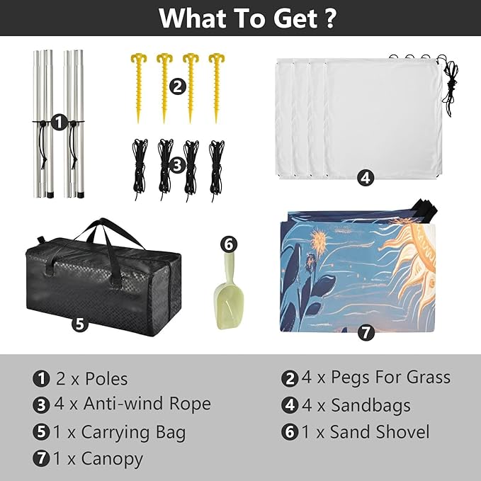 Sun Moon Art Beach Tent Sun Shelter Set UPF50+ UV Protection 10.5 x 9.19 FT Camping Shade Canopy with Sandbags Sand Anchors Carrying Bag and Others