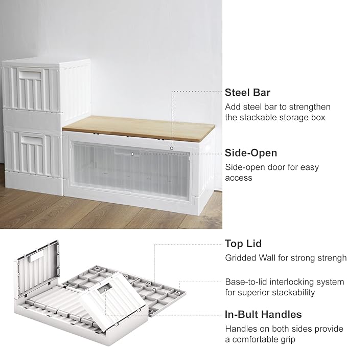 livinbox 45L collapsible storage bins with door comic books container dust-proof stack-able folding box for Home Office Bedroom Dorm Toys Bedding white &amp transparent FB-6432S-WTTR