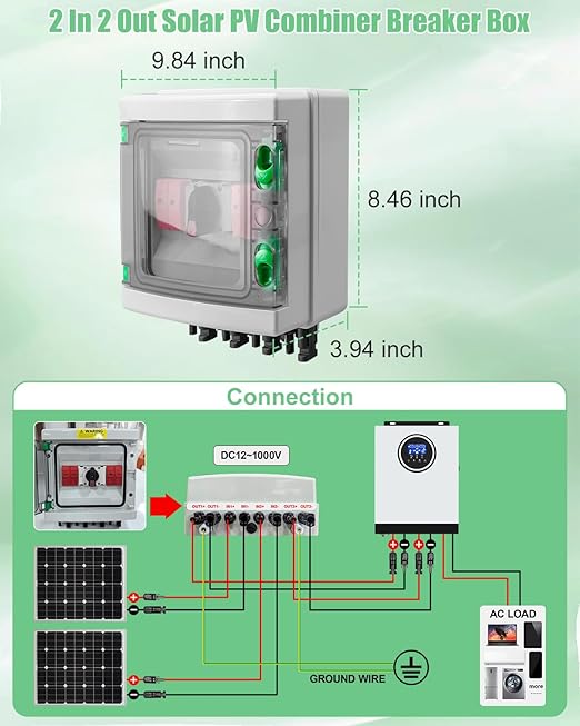 32 Amp 2 Strings Solar Disconnect Switch with DC1000V Lightning Surge Protector Arrester and IP65 Waterproof 2 in 2 Out Solar PV Combiner Breaker Box for Outdoor Solar Panel System