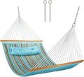 CHULIM 12 FT Double Quilted Fabric Hammock with Spreader Bars and Pillow 450 LBS Weight Capacity 2 Person Hammock for Outdoor Patio Backyard Poolside Blue Stripes