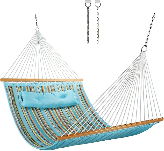 CHULIM 12 FT Double Quilted Fabric Hammock with Spreader Bars and Pillow 450 LBS Weight Capacity 2 Person Hammock for Outdoor Patio Backyard Poolside Blue Stripes
