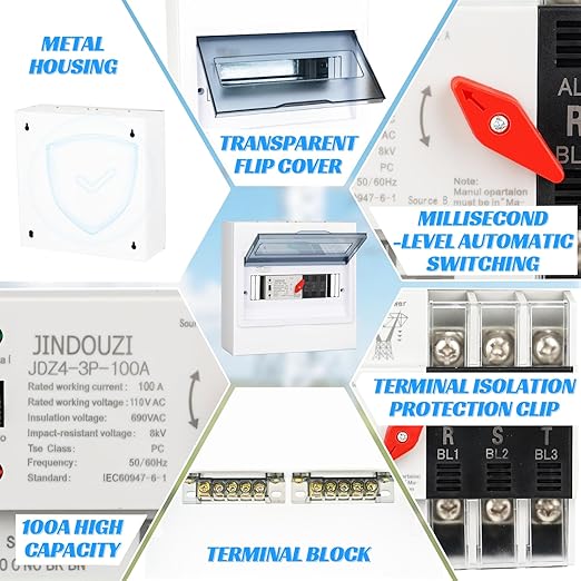 100A Automatic Transfer Switch 110V Millisecond Level Dual Power Automatic Transfer Switch Generator Transfer Switch with Metal Distribution Box