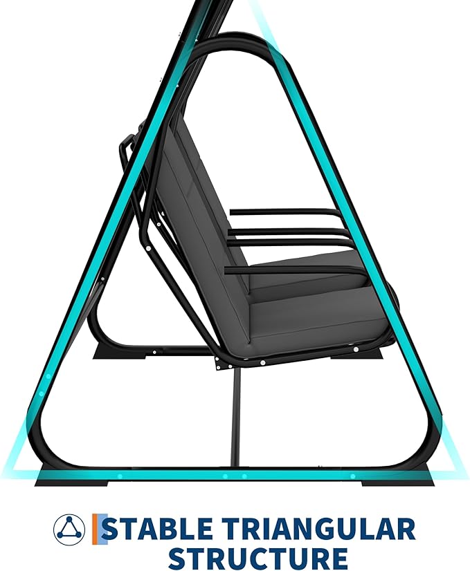 2-Person Patio Swing Chair with Adjustable Canopy - Heavy Duty Outdoor Swing Glider with Removable Cushions for Porch Garden Poolside &amp Backyard Relaxation Dark Grey