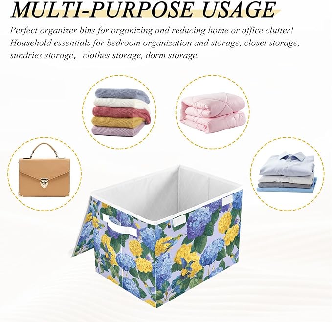 Storage Bins with Lids Storage Containers Box Organizer Bin Basket with Handles for Closet Shelves Clothes Stackable Foldable Decorative Blue Hydrangeas Hummingbirds