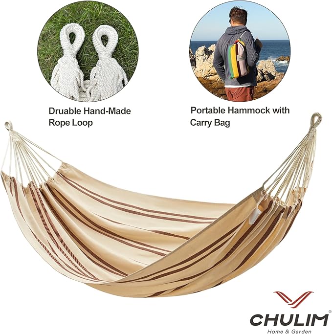 CHULIM Brazilian Double Hammock with Tree StrapsExtra Large 94x63IN2 Persons Hammock for Backyard Patio Outdoor and Indoor450lbs Weight CapacitySoft Woven Cotton Fabric - Beige Brown Stripe
