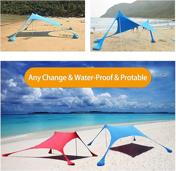 YUEWO 10x10FT Portable Family Beach Tent Sunshade Pop Up Sun Shelter 2 Poles for Beach Camping Fishing Backyard Picnic and Outdoors