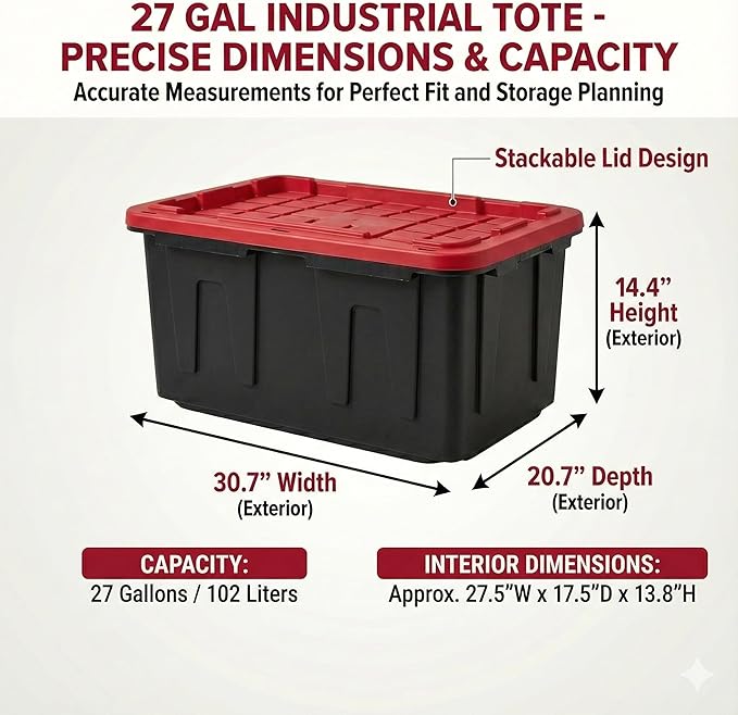 27 Gal Industrial Tote4 Pack Plastic Storage Bins with Lids Tough Large Storage BinBlack with Red Lid Plastic StorageStackable &amp Nestable for Garage Basement or Outdoor (4 Pack)