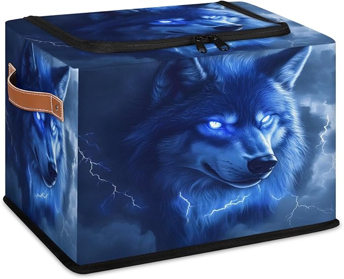 Blue Wolf Storage Box with Lid Wild Animal Collapsible Storage Bins Baskets Cubes Closet Shelf Clothes Organizer Containers with PU Leather Handles