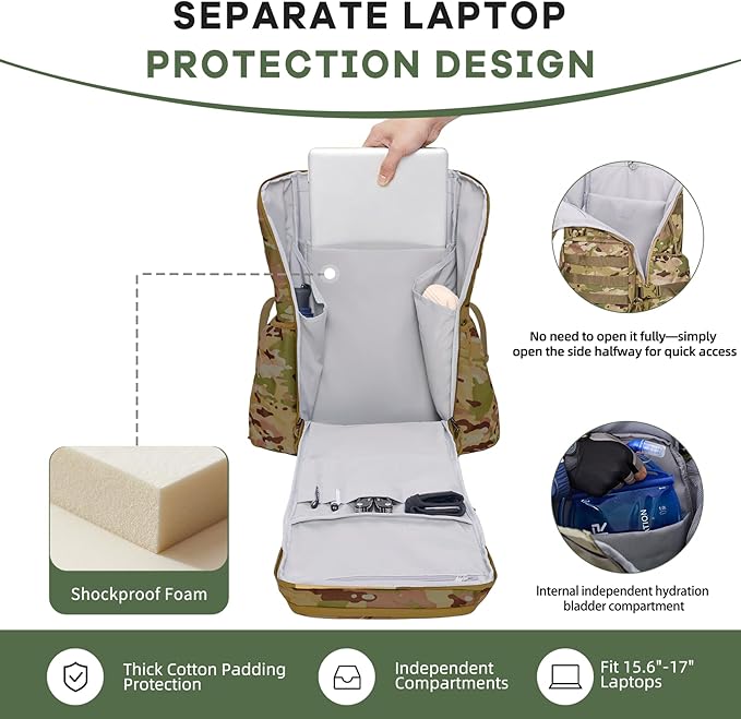 Timeet Tactical Backpack 45L for Men Military Backpack 3 Day Assault Pack with U-Shaped Wide Opening Water-Resistant Hiking Backpack for Travel Camping Survival Molle System (Camouflage 20 Inch)