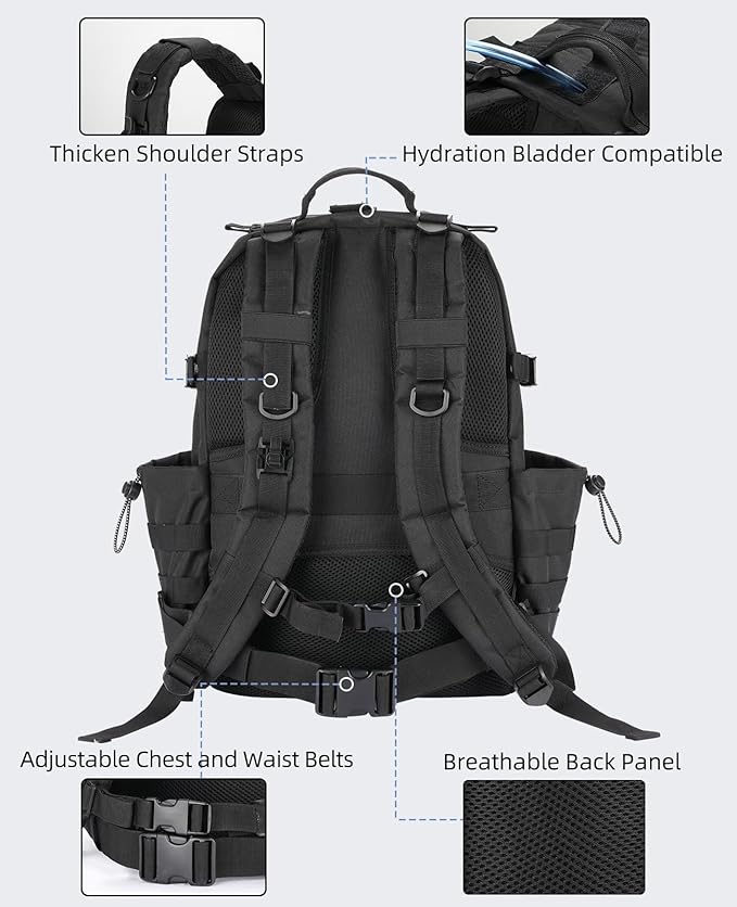EZshoot 40L Tactical Backpack Military Backpack for Men Women Army Molle Rucksack Assault Pack Bug Out Bag Large Daypack (Black)