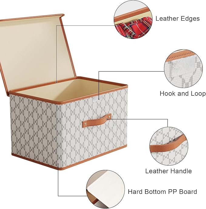 Tuza 2 Pack Fabric Storage Bins with Lids Collapsible Closet Organizer Container Decorative Storage Boxes with Lids for Organizing Clothes Blanket Grey &amp White Extra Large