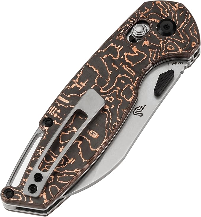KANSEPT Model 6 Folding Knife 3.1'' Stonewashed CPM S35VN Sharp Blade Copper Carbon Fiber Handle with Crossbar Lock Thumb Stud Pocket Clip for EDC Camping Hiking K1022V2