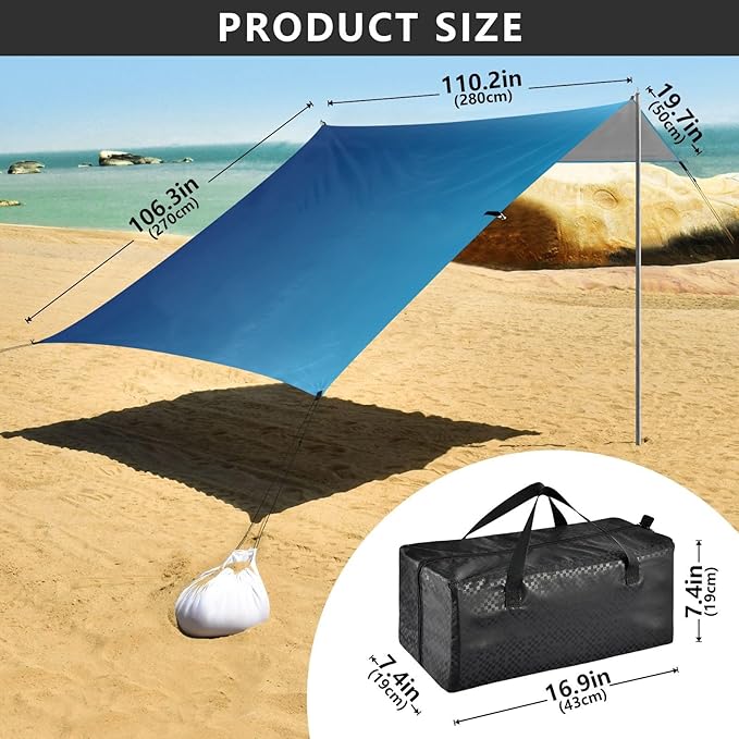 Dark Blue Gradient Beach Tent UPF50+ Protection Easy Setup Shade Sun Shelter with Sandbags and Shovel for Camping Fishing Backyard Fun