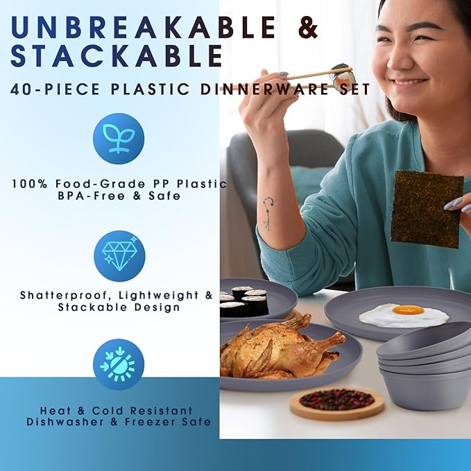 40 Piece Plastic Dinnerware Set for 8 with Cutlery Unbreakable Plates and Bowls Set Dishwasher &amp Microwave Safe Reusable Dish Set for Camping RV Outdoor Kitchen Apartment Dining Gray